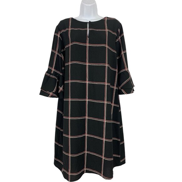 Ces Femme Dresses & Skirts - Ces Femme Womens Black & Pink Plaid Bell Sleeve Relaxed Fit Shift Dress Large